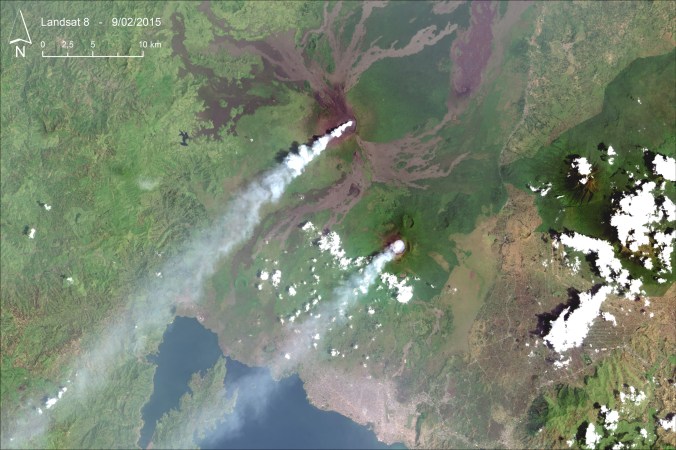 Landsat 8 image acquired on 9th February 2015, over Nyiragongo and Nyamulagira volcanoes. Source: USGS EROS Data Center