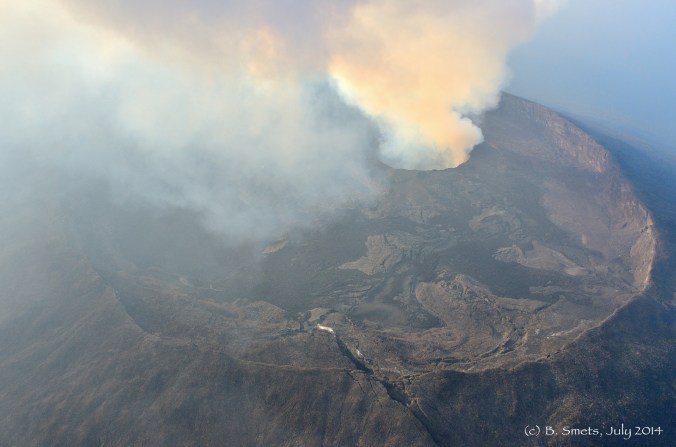 Nyamulagira's summit caldera and its permant gas plume escaping from the pit crater. Photo: (c) B. Smets, July 2014.